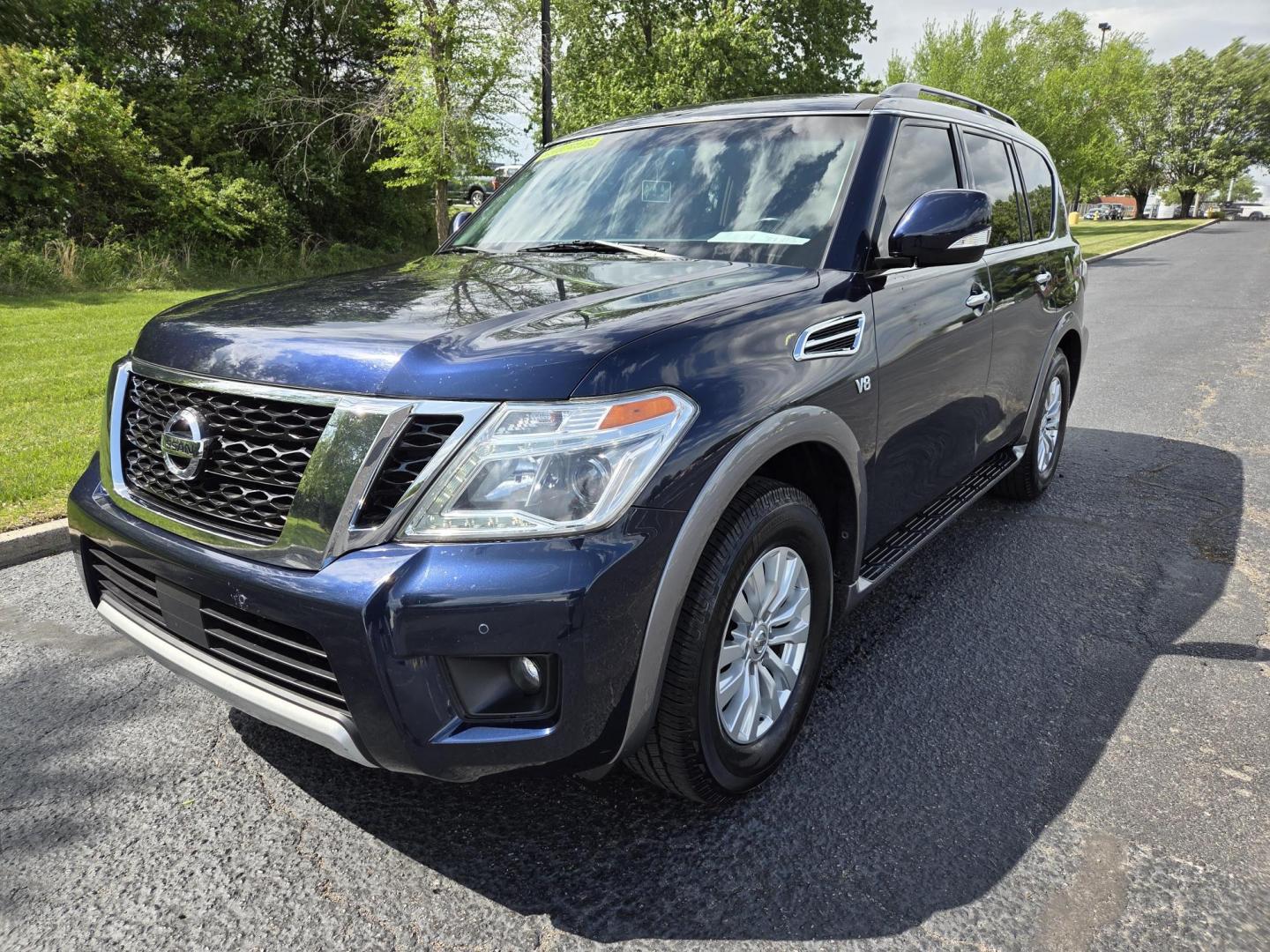 2017 Blue /Gray Nissan Armada SV AWD (JN8AY2NC5H9) with an 5.6L V8 DOHC 32V engine, 7A transmission, located at 1221 Madison St., Shelbyville, TN, 37160, (931) 680-9439, 0.000000, 0.000000 - Photo#0